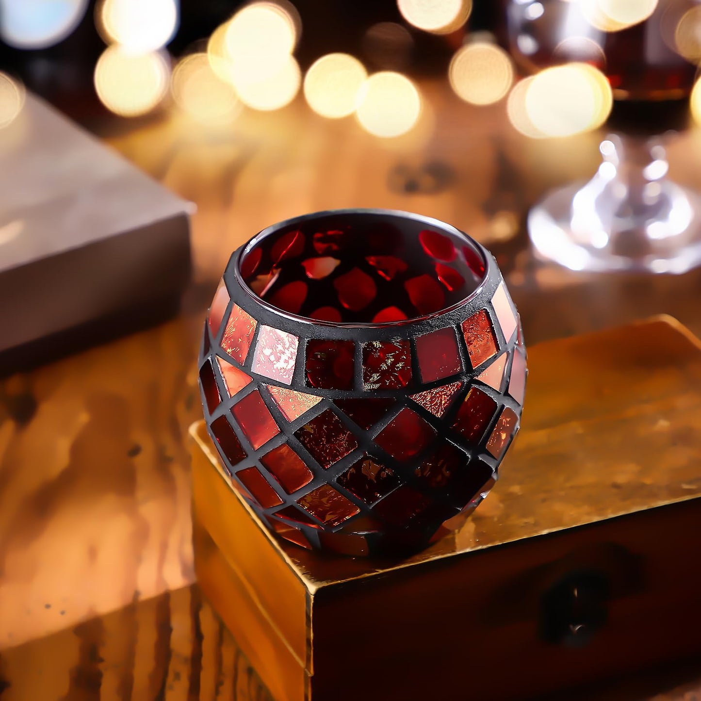 3.3" x 2.7" Valentines Day Votive Candle Holder for Tealight | Romantic Mosaic Tea Light Holder | Candle Lamp Aromatherapy Candlescape Bow | Valentines Day Table Centerpiece, Party Decor