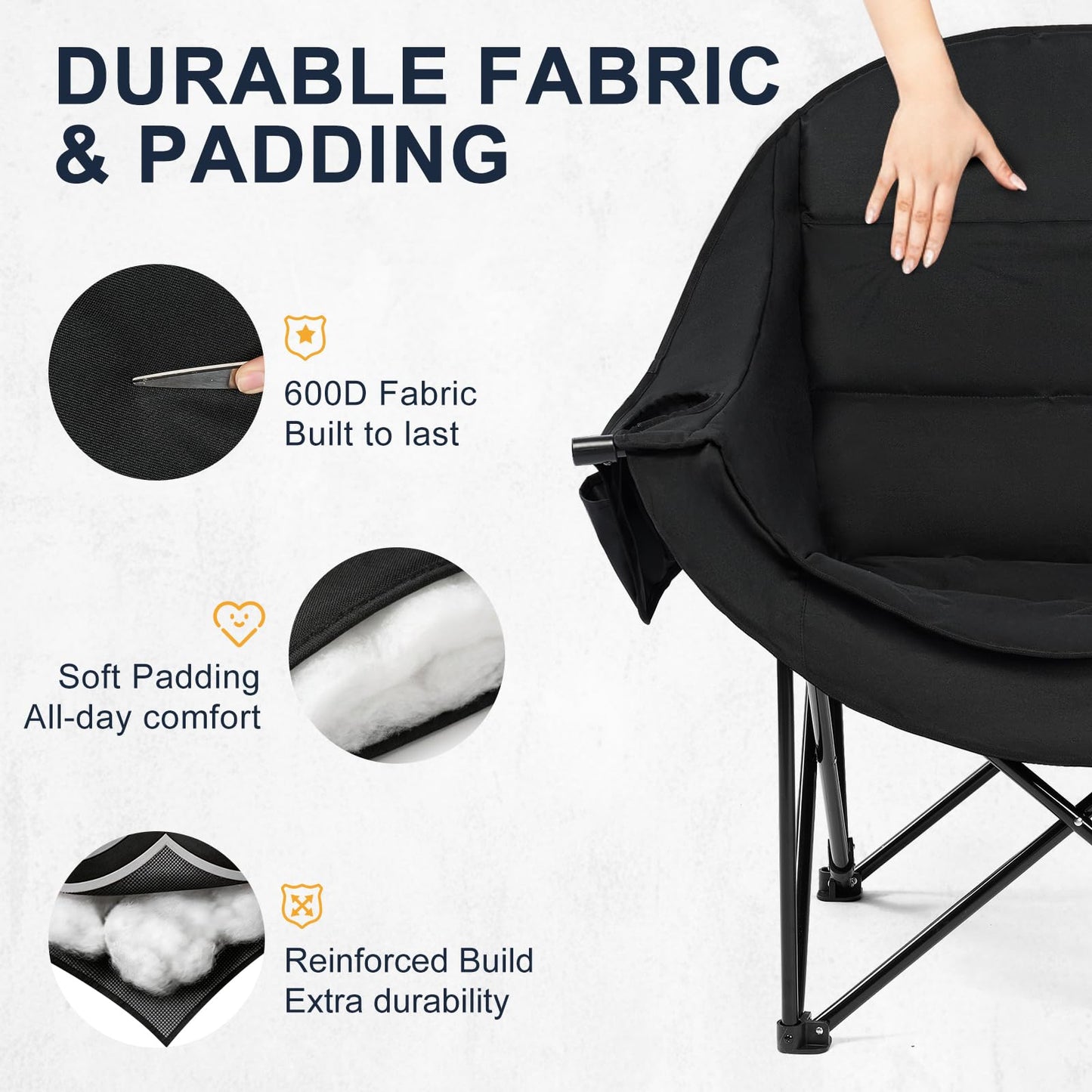 Oversized Camping Chairs for Adult - Heavy Duty Padded Portable Folding Chair XL Collapsible Camp Chair with Cup Holder Side Pocket Outdoor Lawn Beach Sport Fishing Support 500LBS, Black 2 Pack