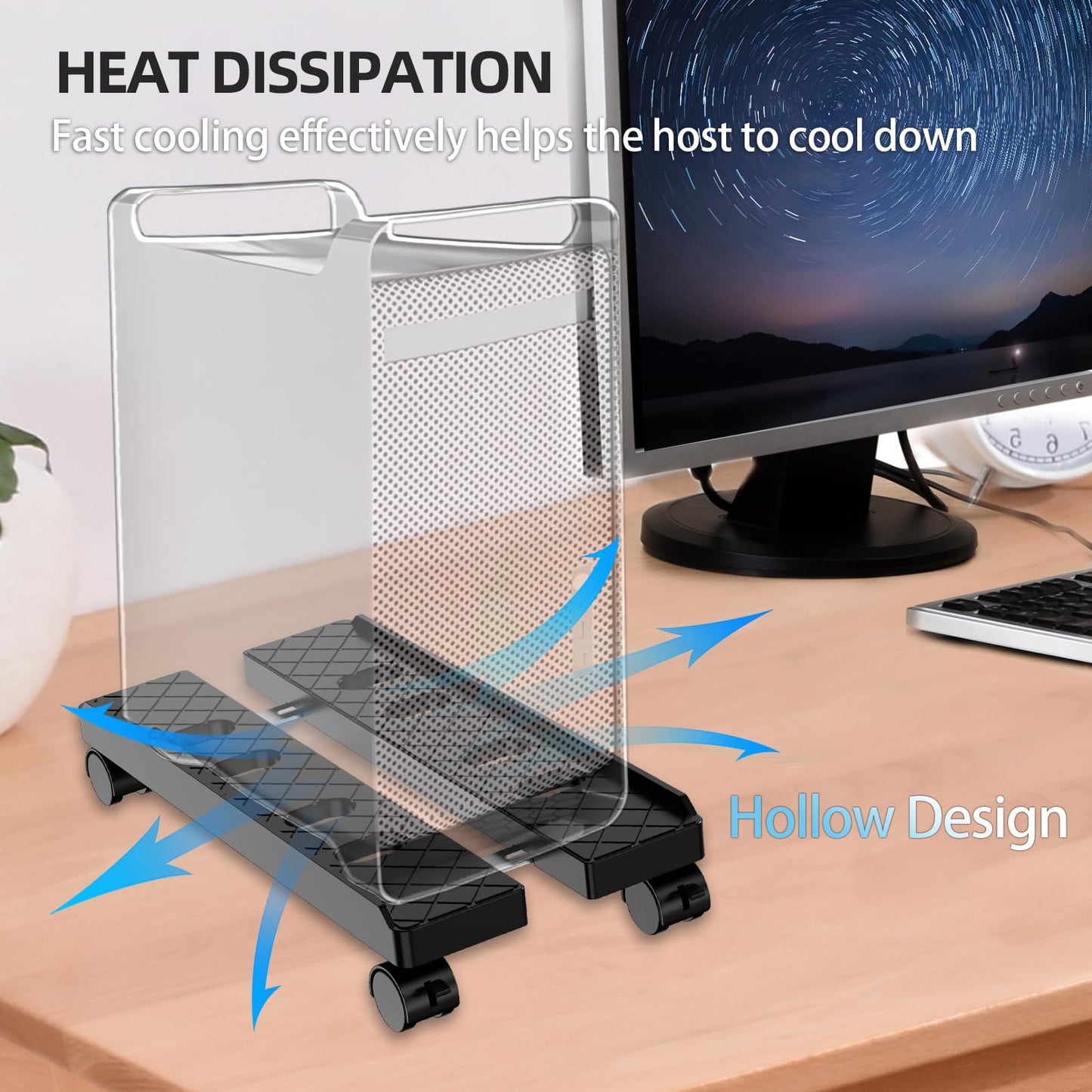 Hovadova Adjustable Mobile CPU Stand, Ventilated Computer Tower Stand with 4 Caster Wheels Fits Most PC Tower, Under Desk CPU Holder PC Floor Cart Computer Riser for Gamers and Students (Large Black)