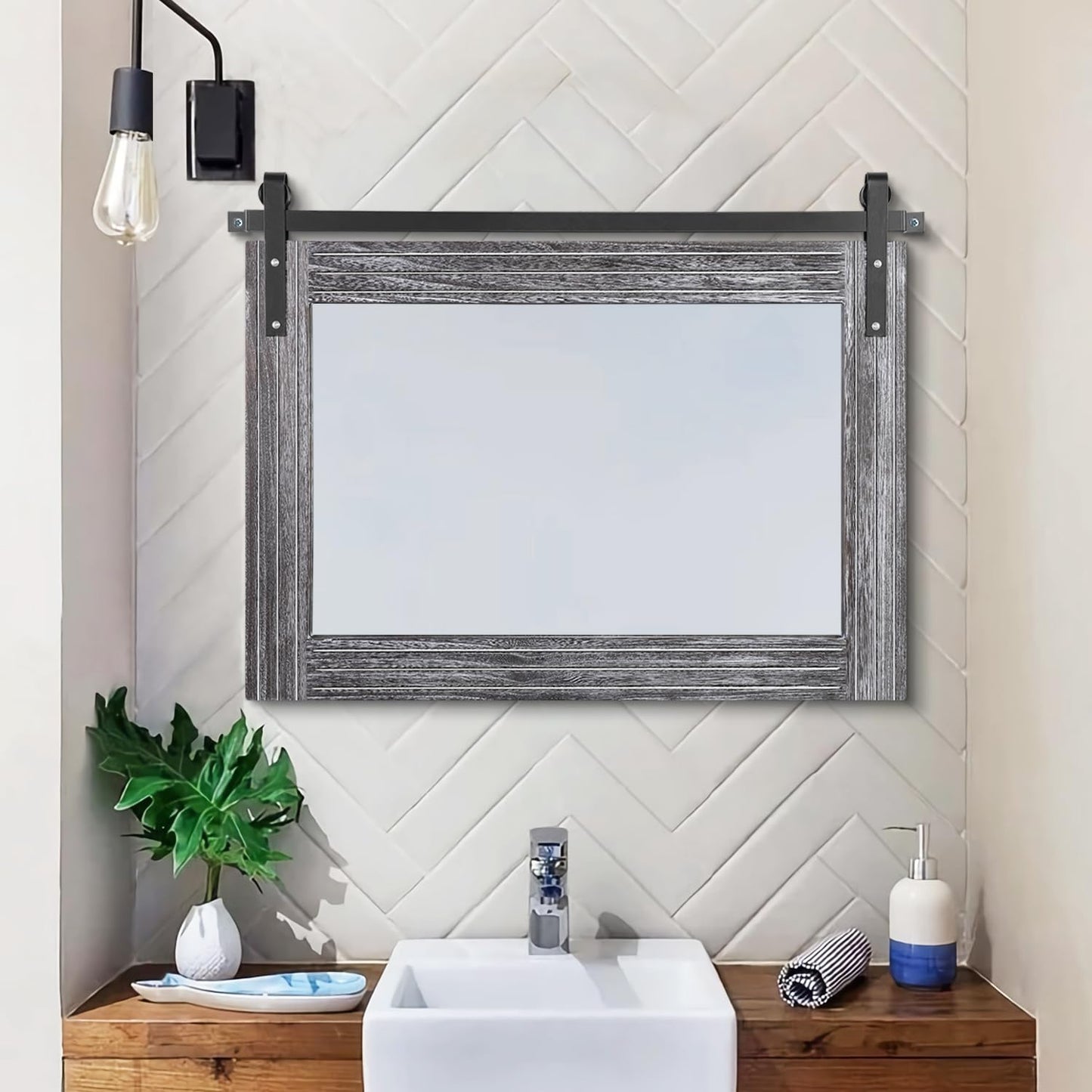 AAZZKANG Rustic Wall Mirror with Wood Framed Barn Door Mirror Rectangular Bathroom Mirror 18"x26" Bedroom Living Room Entrance Vanity Mirror Horizontal