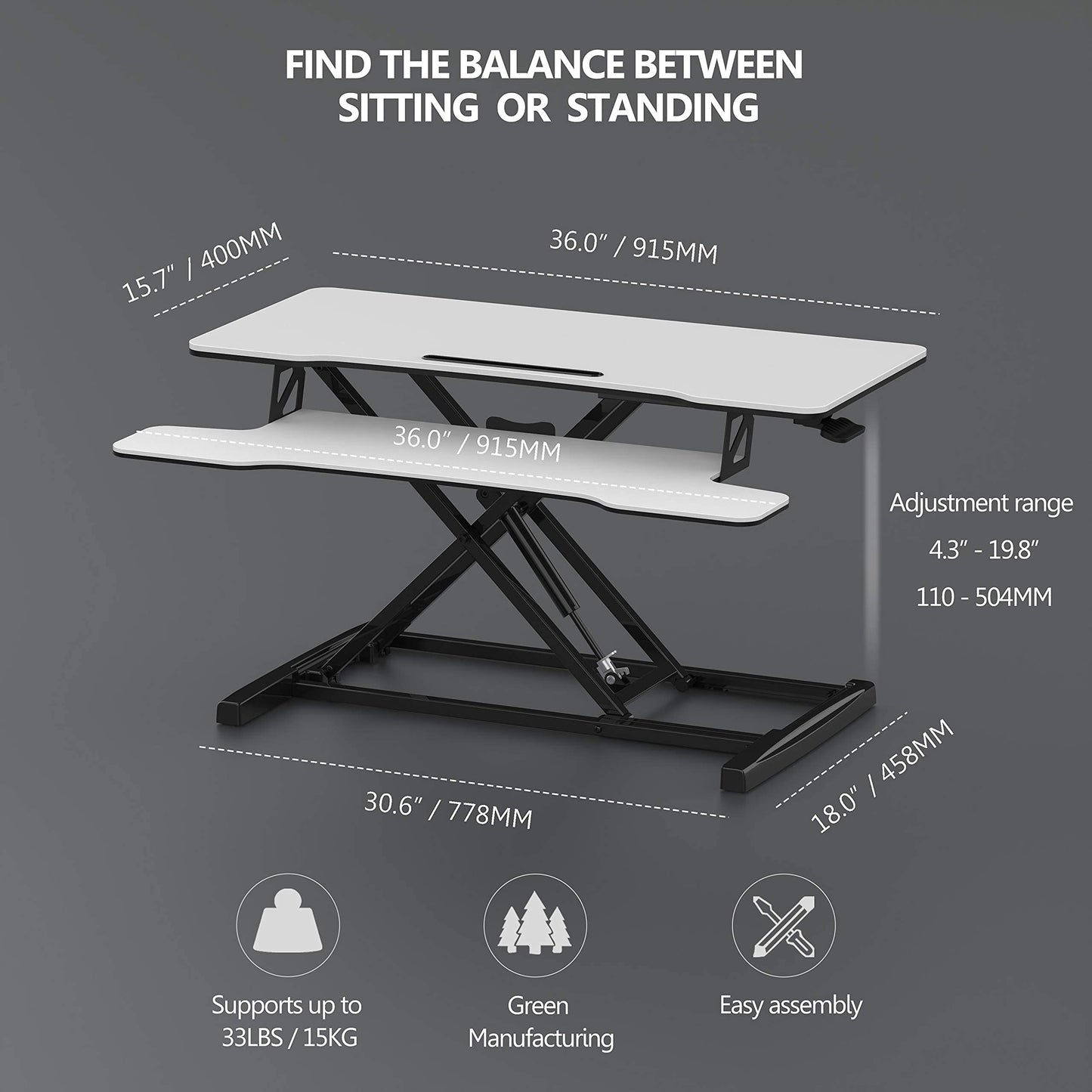 FITUEYES Height Adjustable Standing Desk 36” Wide Sit to Stand Converter Stand Up Desk Tabletop Workstation for Laptops Dual Monitor Riser White SD309103WW
