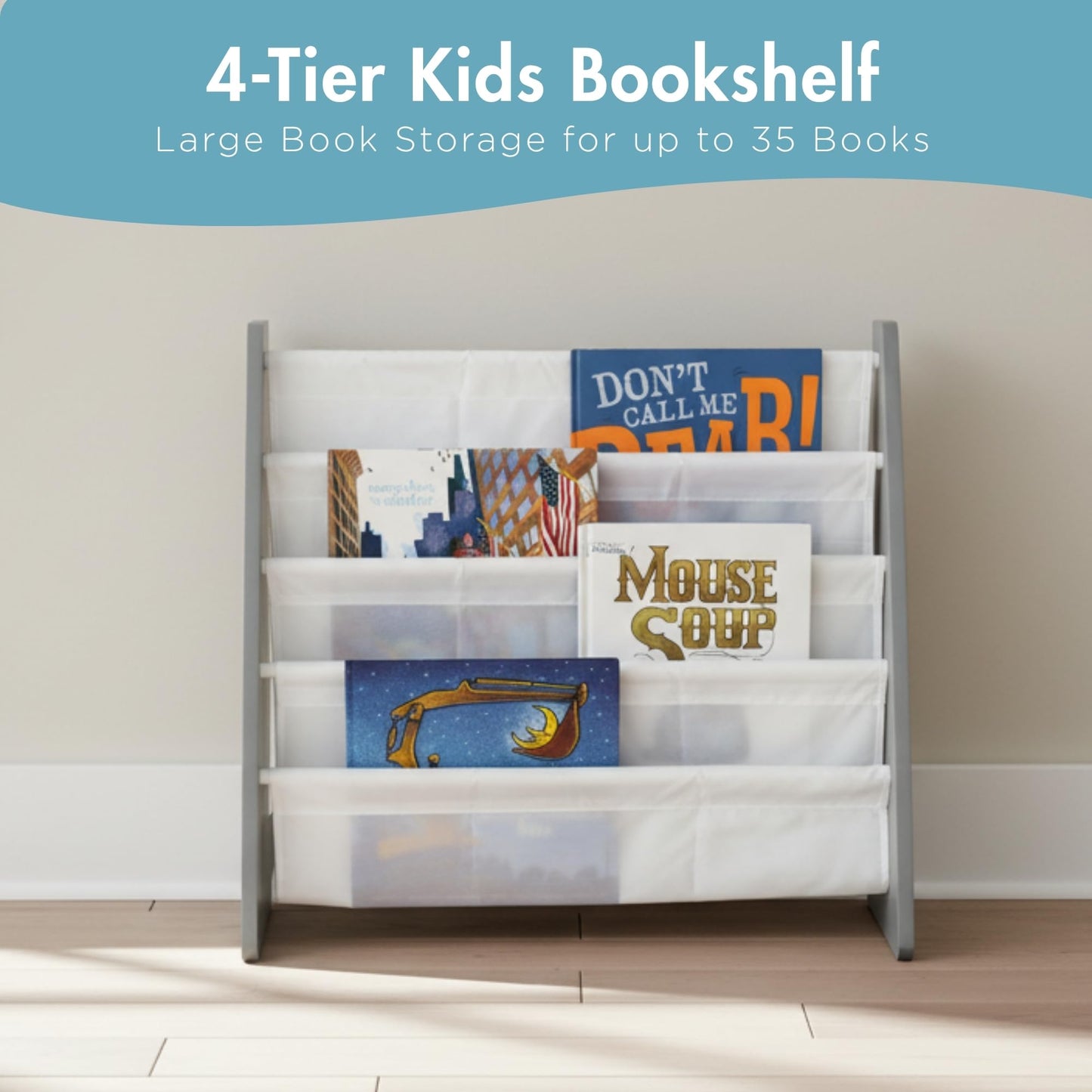 Humble Crew Kids Bookshelf, 4-Tier Front-Facing Book Display Organizer, Montessori Toddler Bookcase for Playroom, Bedroom & Reading Corner, Grey Wood/White