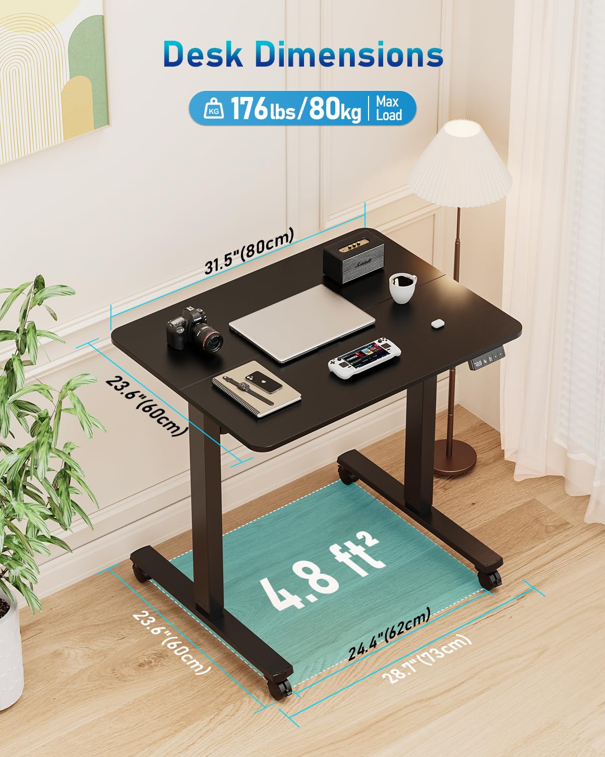 Xyndyx 32" Small Electric Rolling Standing Desk Adjustable Height, Mobile Sit Stand up Desk with Lockable Casters for Home Office & Computer Workstation, Splice Board, 2 Hooks, Black Frame/Black Top