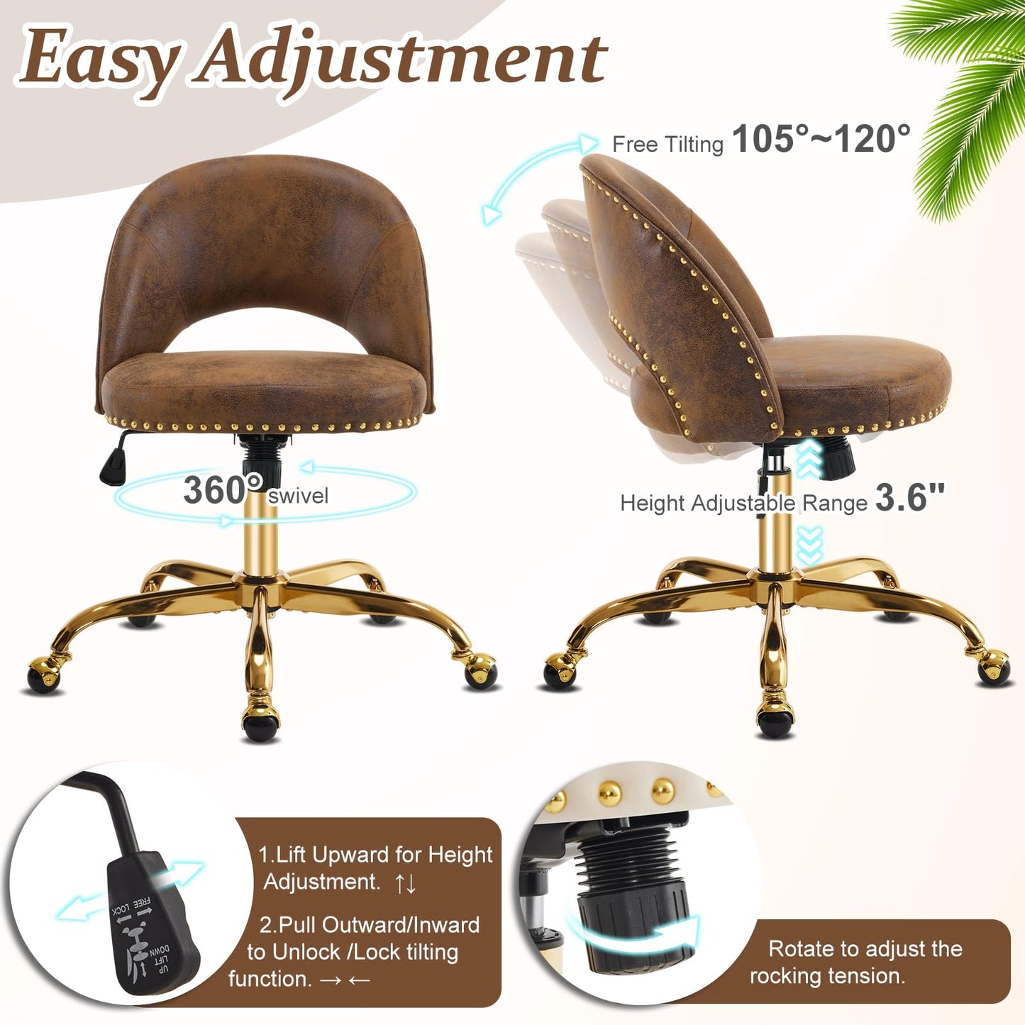 VINGLI Modern Velvet Small Office Chair,Cute Desk Chair with Wheels,Gold Base/Studs, Comfy Armless Swivel Vanity Task Chair for Women/Girl/Kids, Nail Tech Chair for Bedroom,Small Space,Rustic