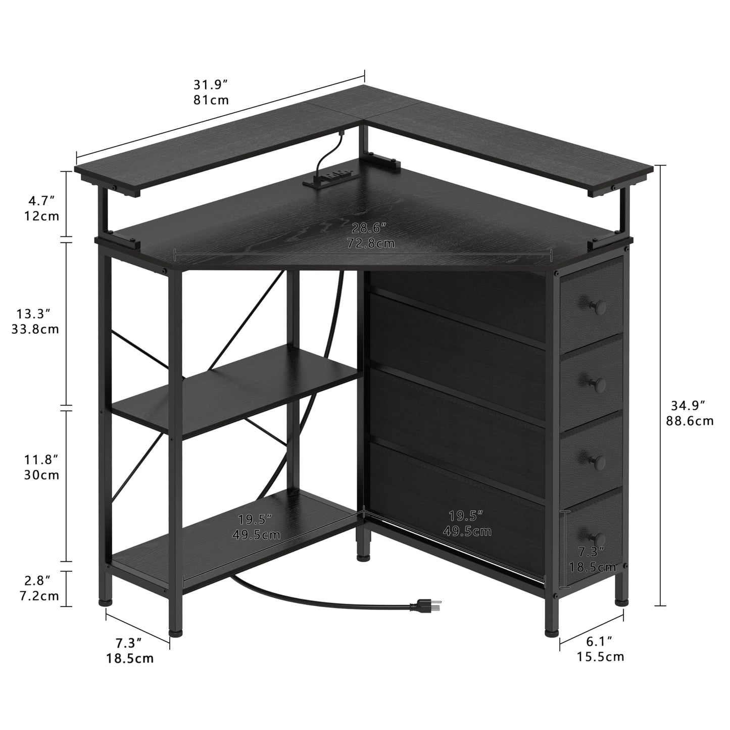 VENNQD Corner Desk with Drawers Shelves for Small Space 90 Degrees Triangle Computer Desk with Power Outlets,Gaming Desk with LED Lights Monitor Stand for Home Office Workstation Writing Table (Black)