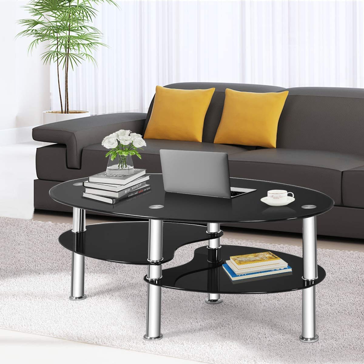 FANTASK Tempered Glass Coffee Table, Oval 3-Tier Steel Tea Table w/Spacious Glass Desk-Top, Open Storage Shelf, Modern End Side Table for Home Living Room Office Reception (Black Glass)