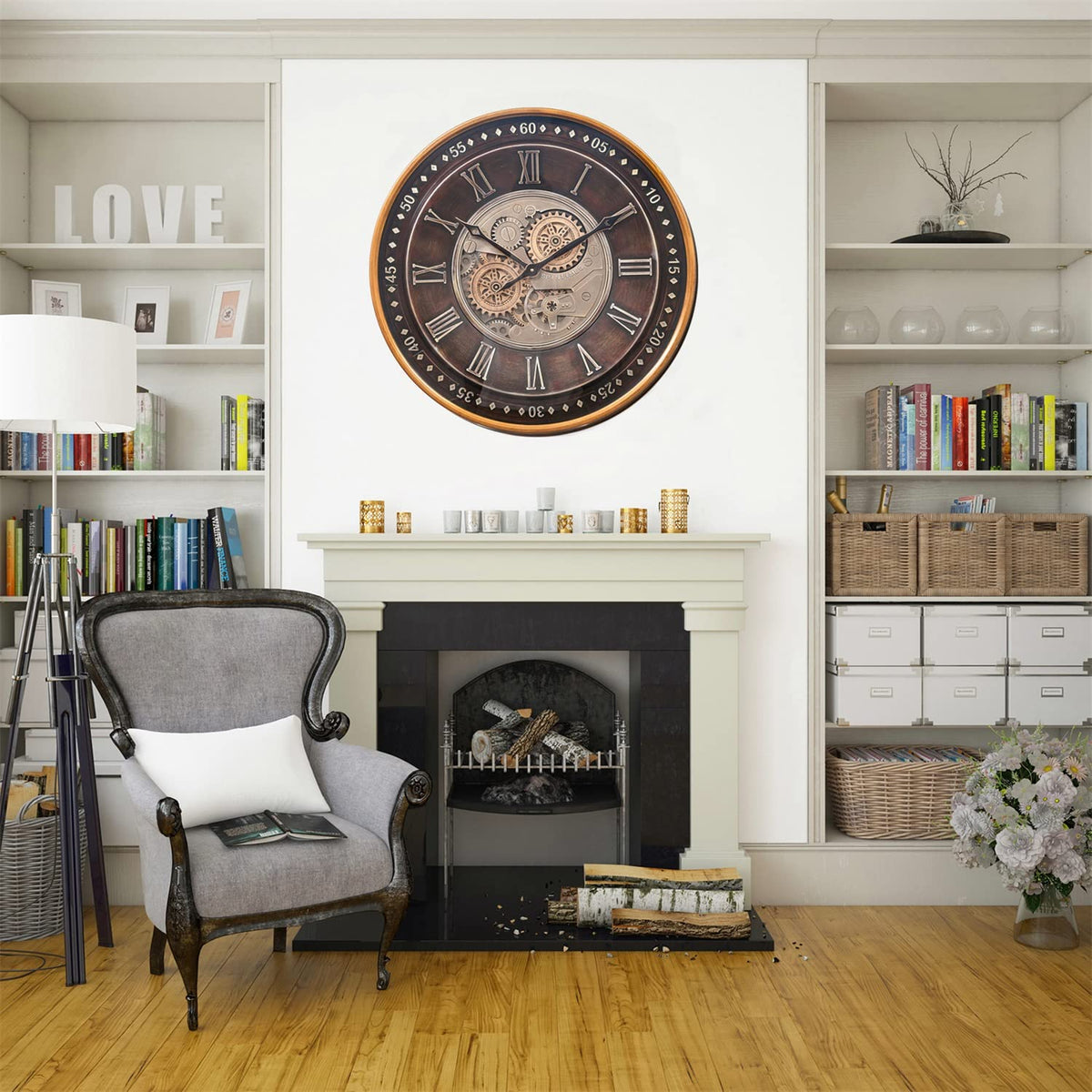 CLXEAST 24 Inch Wall Clock with Moving Gears,Oversized Large Industrial Steampunk Style, Antique Gold Metal Roman Numeral Wall Clocks for Farmhouse Living Room Decor