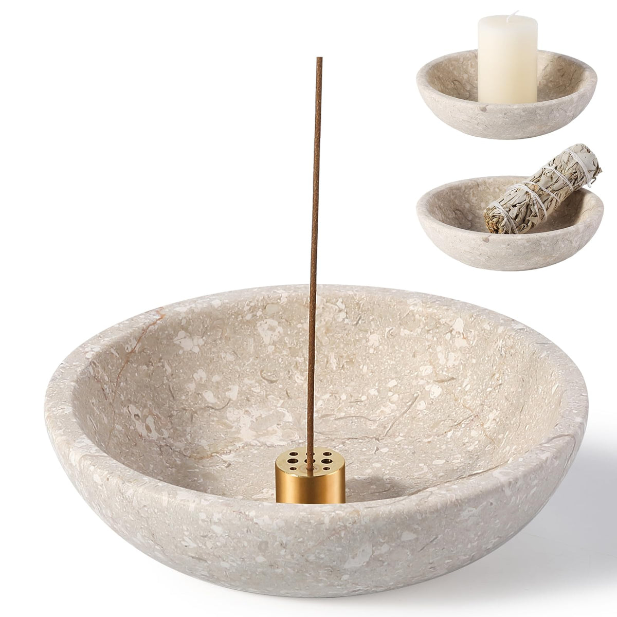 Koville Natural Marble Incense Holder, Incense Holder for Sticks with 9 Holes, Handmade Incense Burner Ash Catcher for Meditation Yoga SPA, Balsam Fir/Palo Santo/Sage/Cone (RoyalBeige)