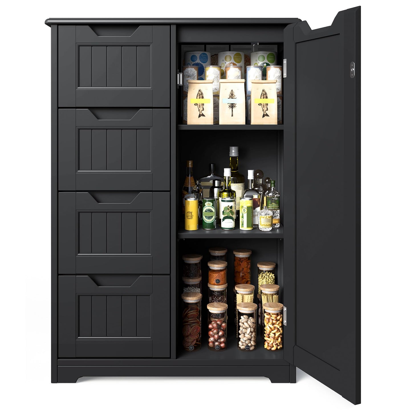Gizoon Small Pantry Cabinet with Door and Shelves, 33'' Kitchen Pantry Cabinet Freestanding Wooden Bathroom Storage Cabinet with 4 Drawers for Kitchen and Dining Room, Black, Painted