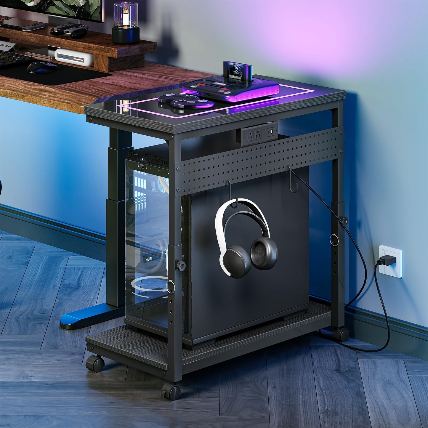 CHOEZON 31.5" Large Computer Tower Stand with Power Outlet, Under-Desk PC Cart with 2 Hooks, PC Stand with LED, Height Adjustable PC Tower Holder on Wheels, for Living Room, Office, Black TCJ51UDBB