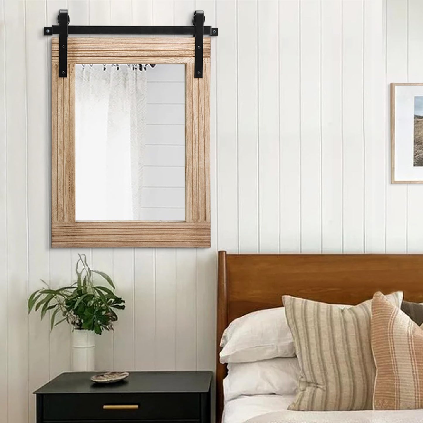 AAZZKANG Rustic Mirrors for Wall Large 26"x18" Rectangle Wood Frame Mirror with Metal Bracket Farmhouse Bedroom Living Room Decorative Wall-Mounted Mirror