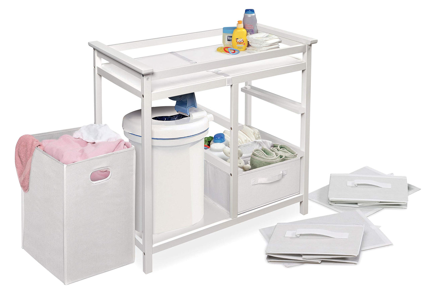 Badger Basket Modern Baby Changing Table - Nursery Furniture with Laundry Hamper and 3 Storage Drawers - Diaper Changing Station with Safety Belt, Changing Pad, and Organizer Baskets - White