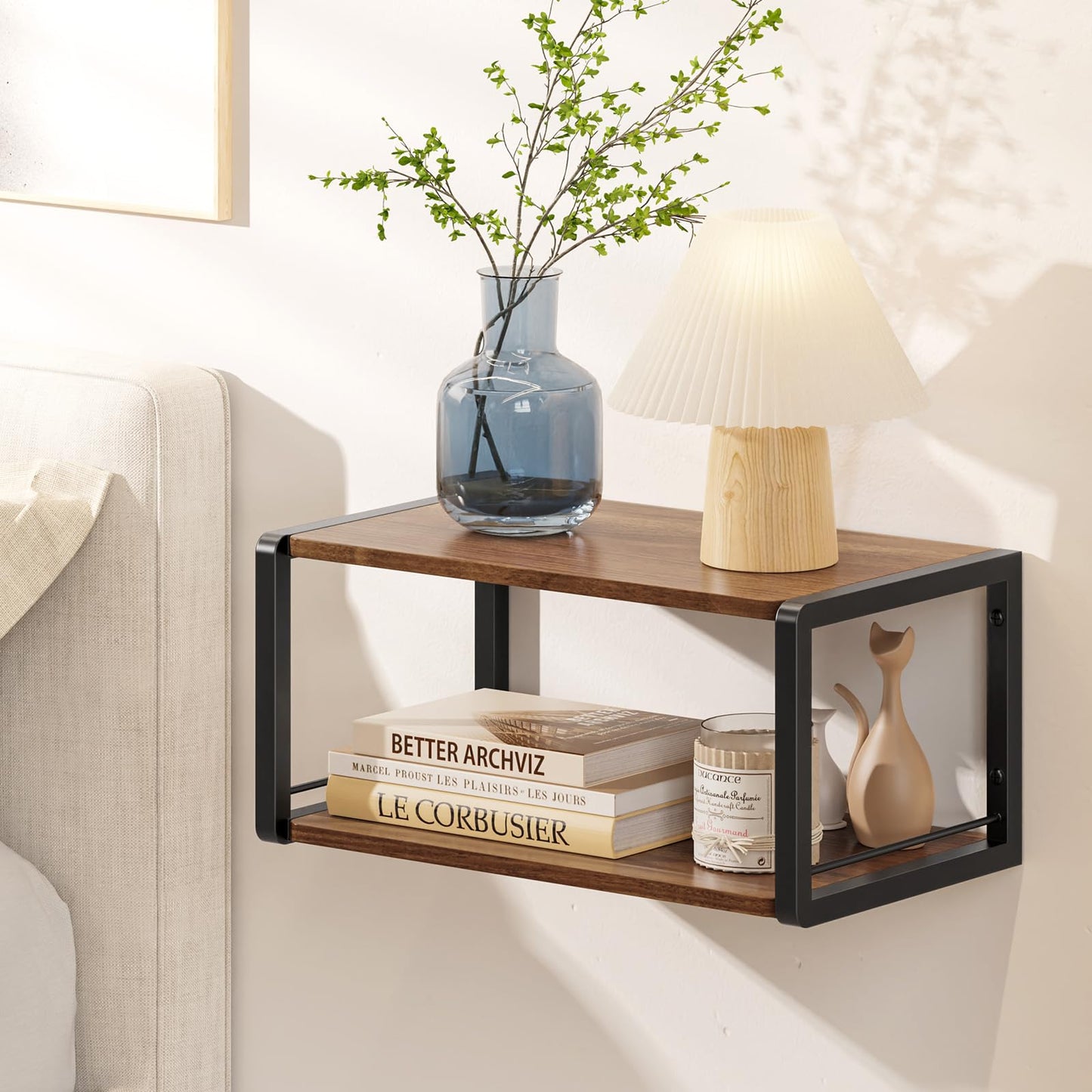 NANAGIFTREE Floating Nightstand, Wood Bedside Shelf Wall Mounted Nightstand with Heavy-Duty Frame, Floating Bedside Table for Bedroom, Bathroom, Kitchen, (Vintage Brown, 1 Pack)