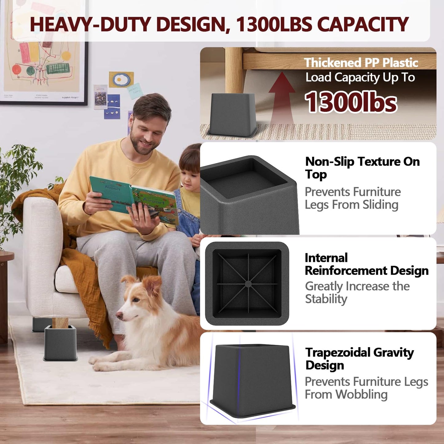 Demiwise Heavy Duty 8 inch Bed Risers - Set of 4 Adjustable Furniture Risers, Elevation Heights of 3, 5 & 8 Inches, Supports Up to 1,300 lbs for Under-Bed Storage, College Dorms, Table and Couch(Grey)