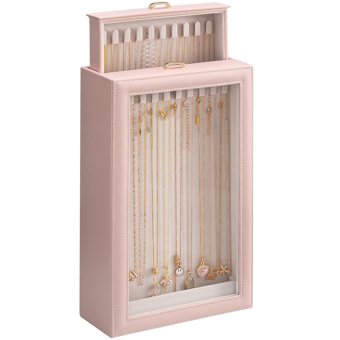 Lolalet Necklace Organizer Box, Jewelry Storage Box with Clear Window for Necklaces Bracelets, Tangle-Free Necklace Display Case for Women Girls, Pink, 2 Layers 20 Hooks