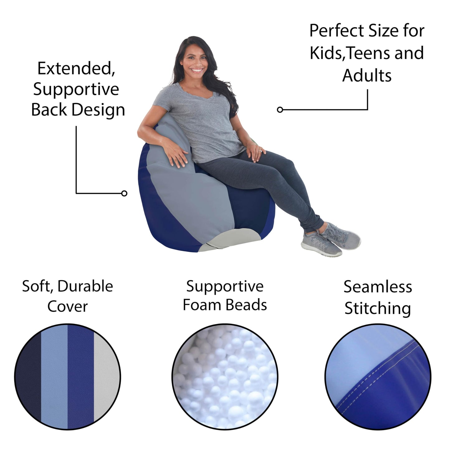 FDP SoftScape Dew Drop Bean Bag Chair with Supportive High-Back Design, For Kids, Teens and Adults, Alternative Seating for Dorms, Schools, Libraries, Daycares or Home- Navy/Powder Blue
