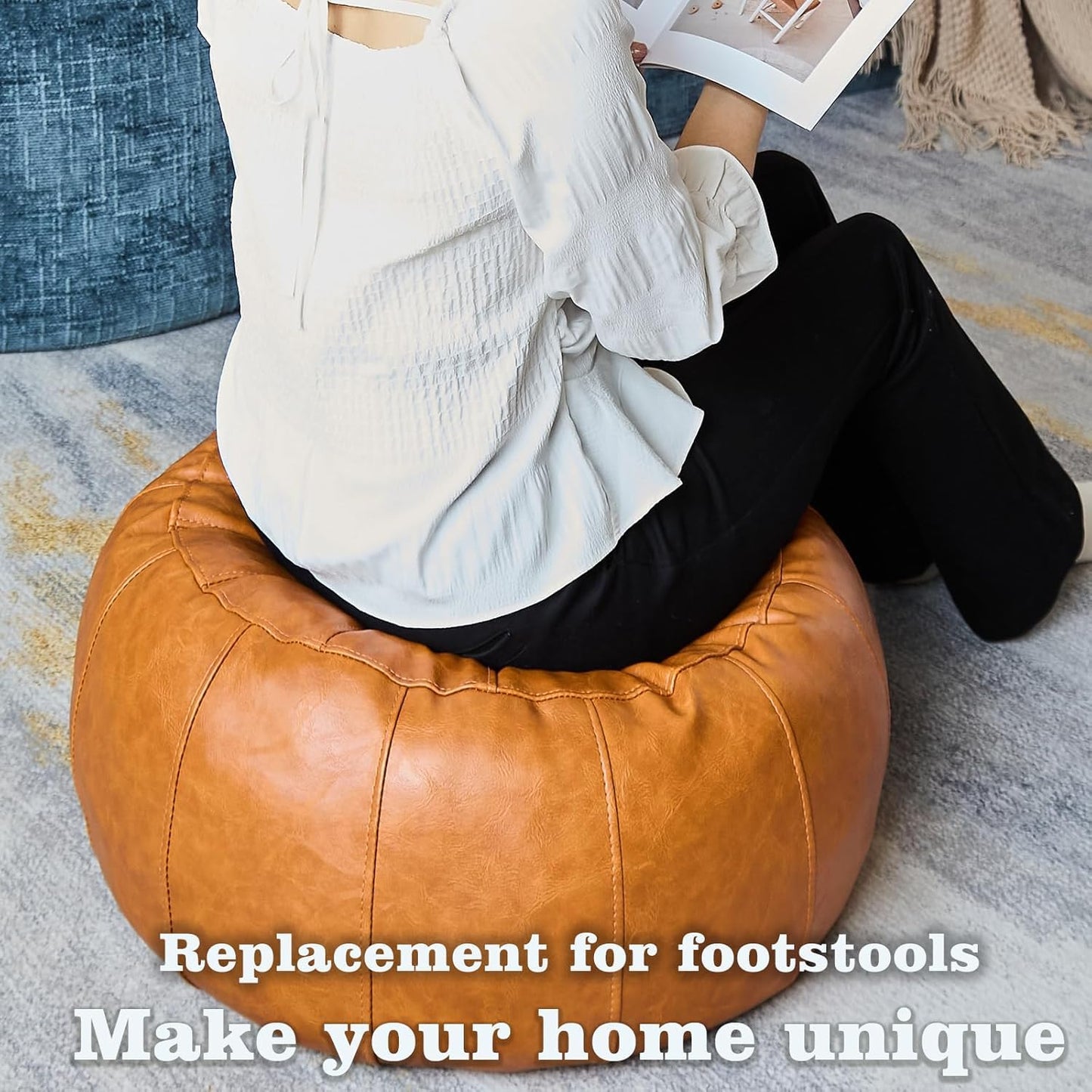 Louis Donné Unstuffed Pouf Ottoman Foot Rest Cover, Waterproof Faux Leather DIY Small Bean Bag Cover, Pet Friendly Easy Clean Storage Floor Chair for Reading & Relaxing, Orange (Cover Only)