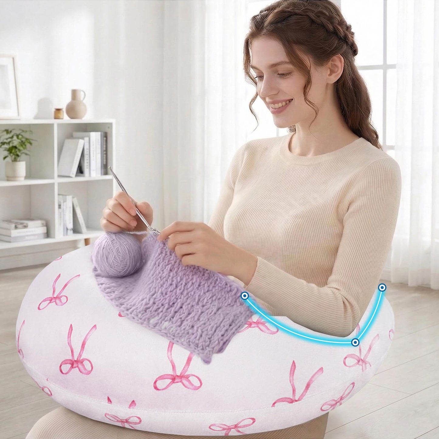 Crafting Pillow for Crocheting, Crochet Pillow for Lap Support, 12 Fun Print Styles, Ergonomic Arm Support, For Bed, Floor, Chair Comfort, Pain Relief and Fatigue for Gaming and Woking (Bow Tie)