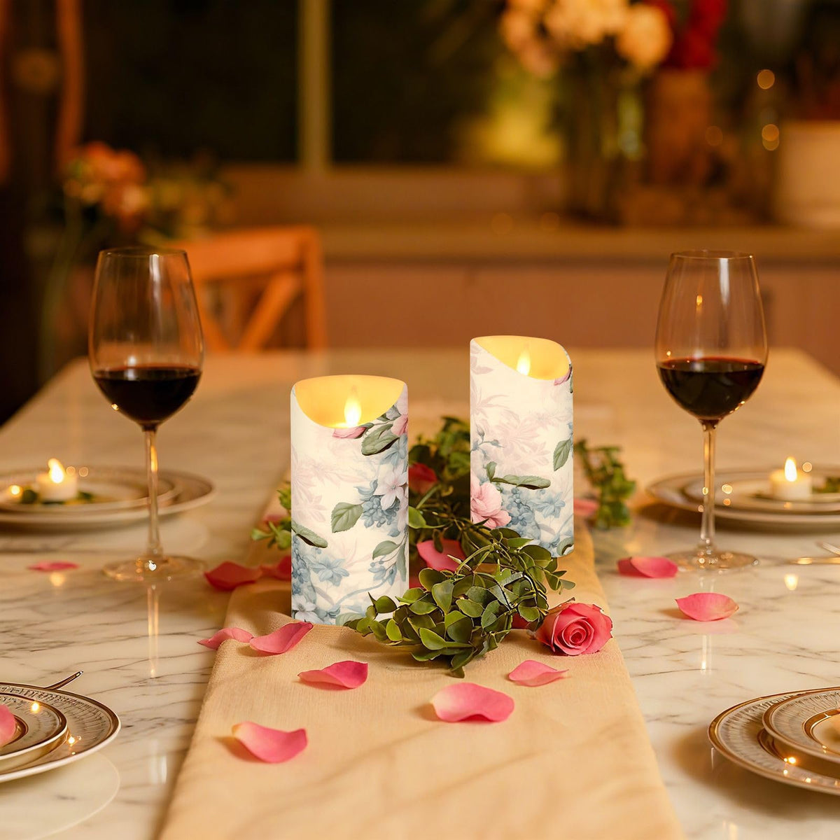 ALAZA Pink Flowers Flora Flickering Flameless Candles Battery Operated with Remote Timer,Tea Light Candles LED Pillar Votive Set of 2 for Outdoor Indoor Decorations 3" x5.9"
