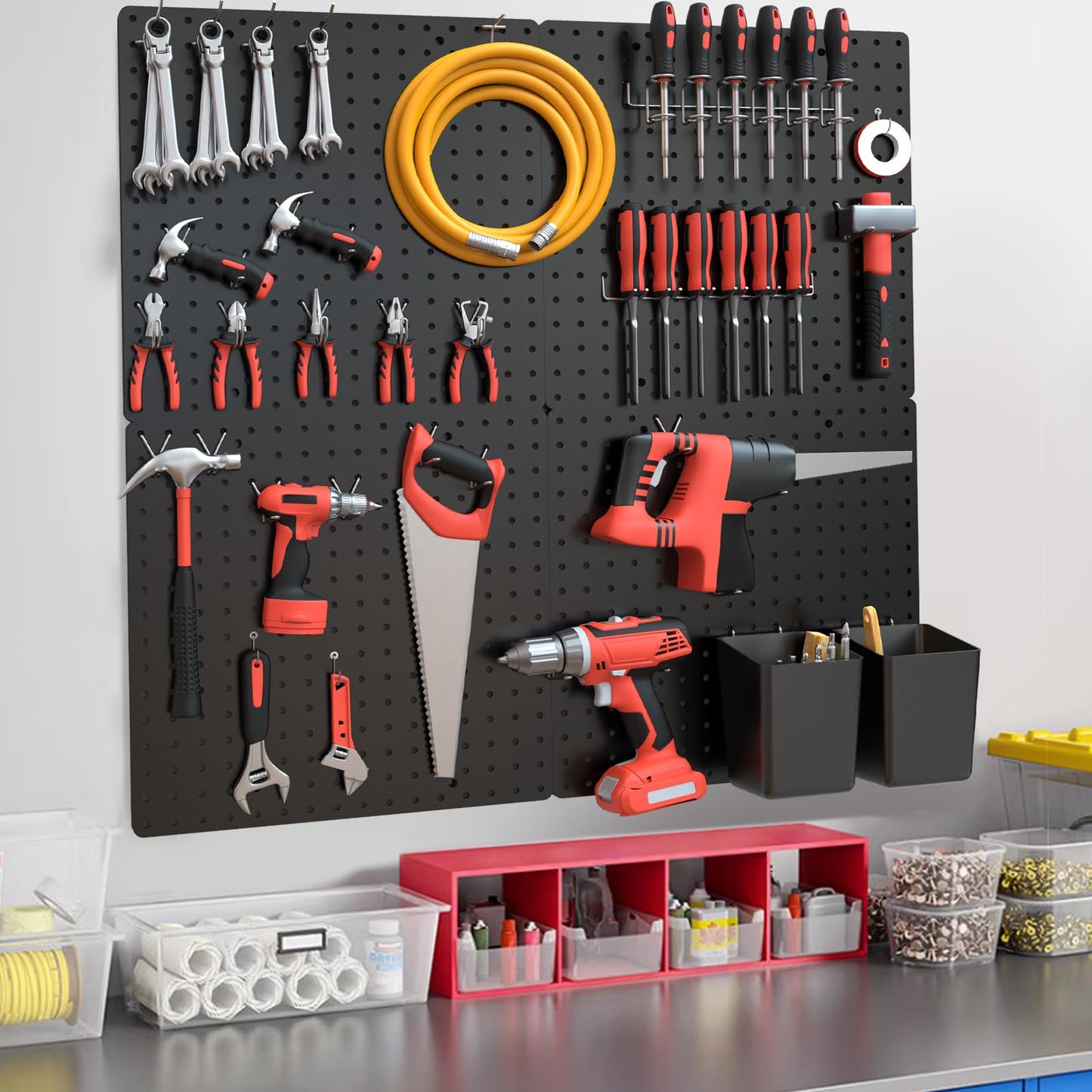 FZK PegBoard, 4 Pack Peg Board 12 * 12inch, Pegboard Wall Organizer, ABS Peg Board for Walls, Black Plastic pegboard, Suitable for Office, Craft Room, Kitchen and Ornament Display