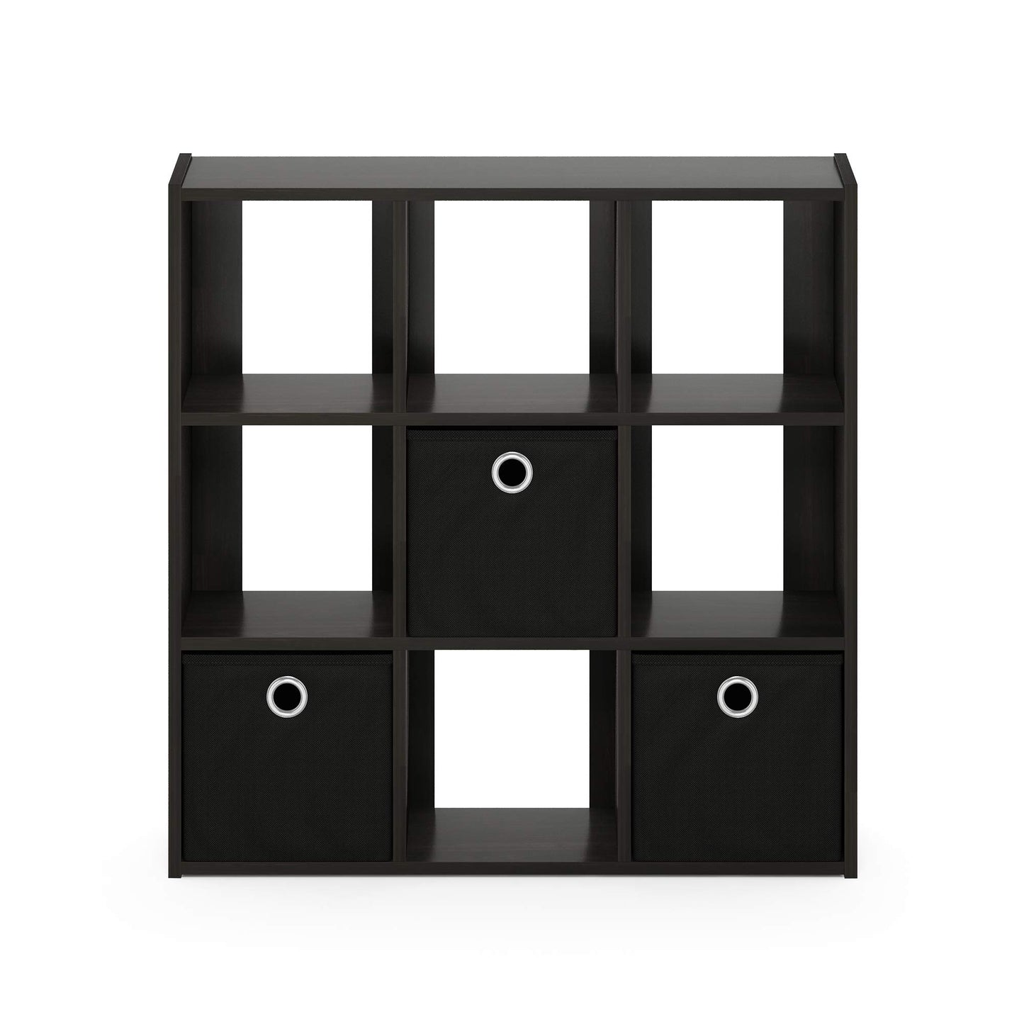 Furinno Simplistic 9-Cube Organizer with Bins, Small Size (Assembled unit dimensions : 7.9"D x 26.5"W x 26.7"H inches), Espresso/Black