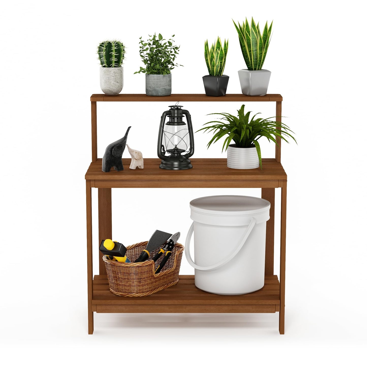 Furinno TIOMAN Potting Bench with Storage, Outdoor Potting Bench Table, Garden Workstation, with Shelves for Gardening, Potting, Planting, Light Wood
