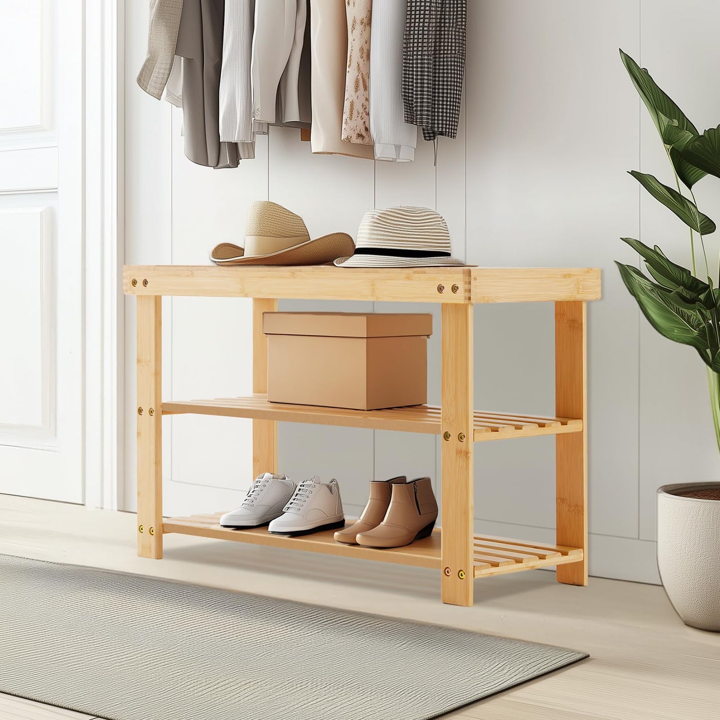 Sweetcrispy 3-Tier Shoe Rack Bench for Entryway, 286lb Capacity, Wood