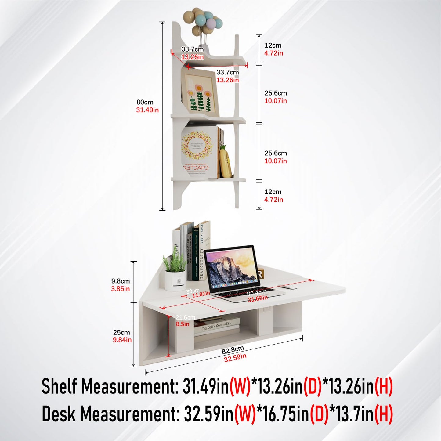 Pmnianhua Floating Corner Desk,Wall Mounted Table with Shelves,Folding Corner Shelf,Wall Corner Shelf for Small Space Computer(Grayish White)