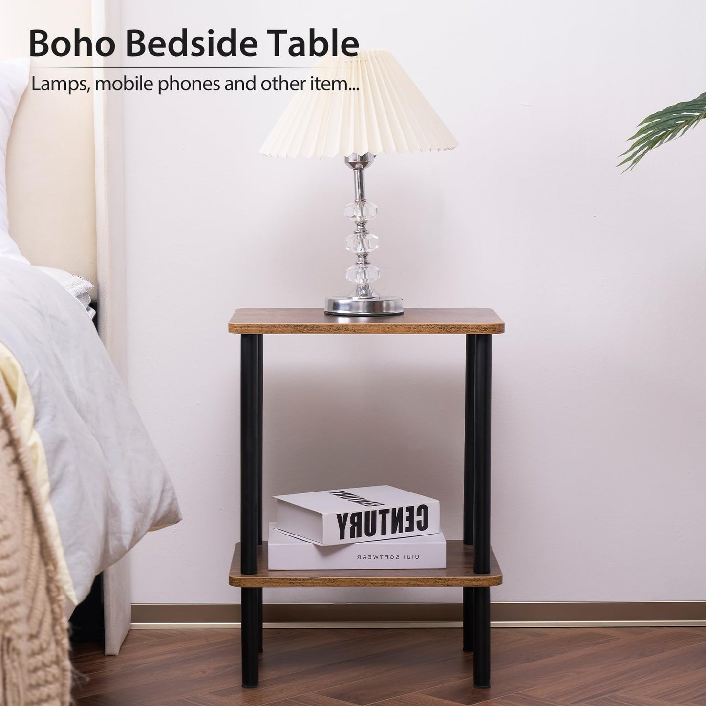 Apicizon 2 Tier End Table, Small Side Table with Solid Wood Legs, Boho Bedside Table with Storage Shelf, Nightstand for Small Spaces, Bedroom, Living Room, Entryway, Farmhouse, Easy Assembly, Brown