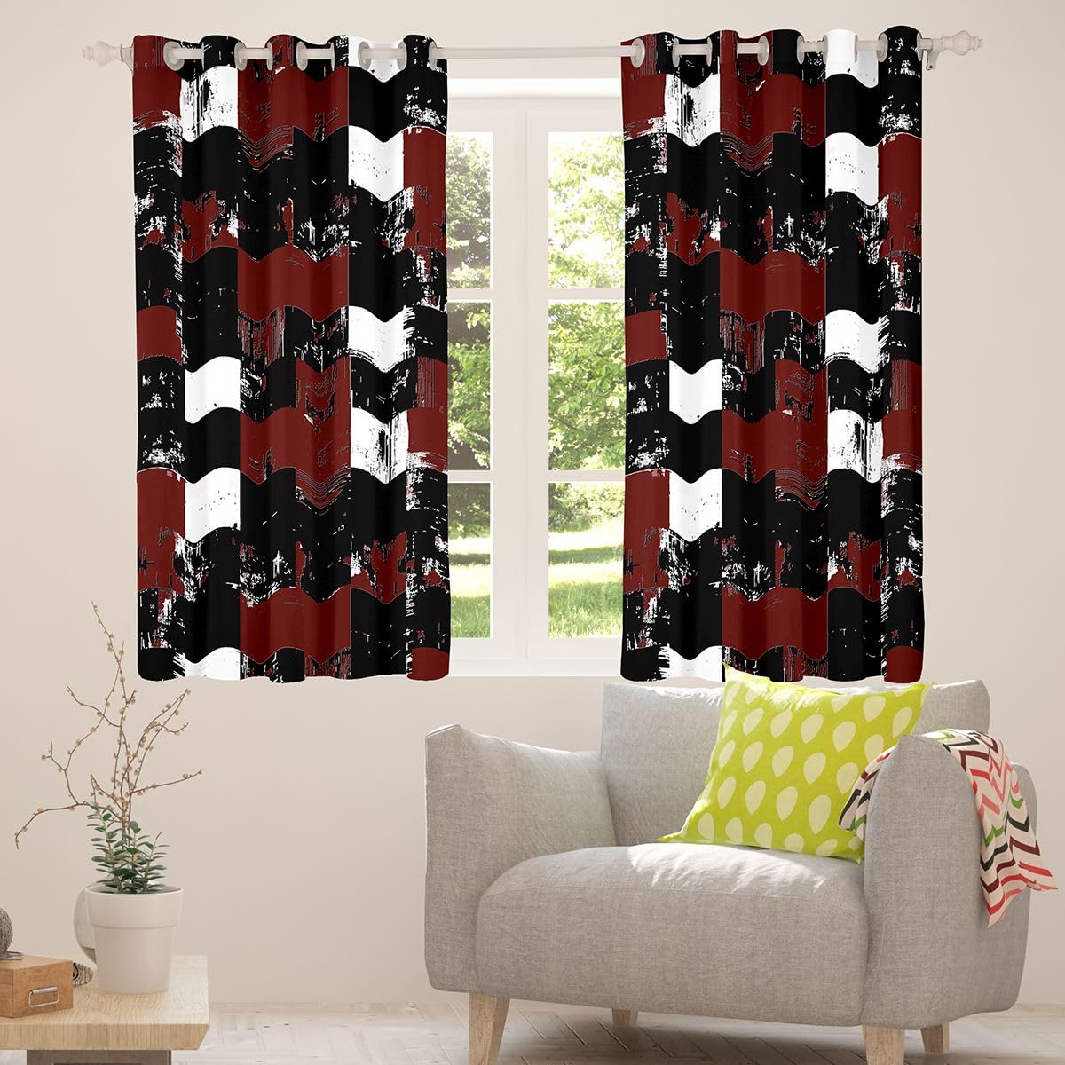 Feelyou Abstract Curtains for Bedroom Living Room Dark Red Black White Blackout Shades Buffalo Check Plaid Room Darkening Curtain Geometric Grid Window Treatments, 2 Panels 38 x 45 Inch Decor