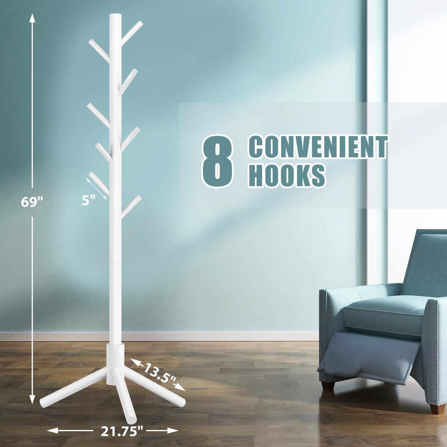 Haddockway Wooden Coat Rack Stand with 8 Hooks New Zealand Pine 3 Adjustable Coat Standing Tree Easy Assembly for Coats, Hats, Scarves and Handbags for Entryway, Hallway, Bedroom, Office, white