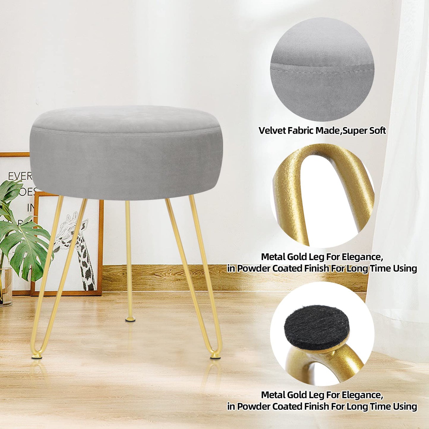 YOONIC Velvet Soft Modern Vanity Stool -Round Footrest Stool Ottoman Side Table Seat Dressing with Golden Metal Leg and Sponge Filling,Upholstered Foot Rest, for Living Room and Bedroom (Gray)