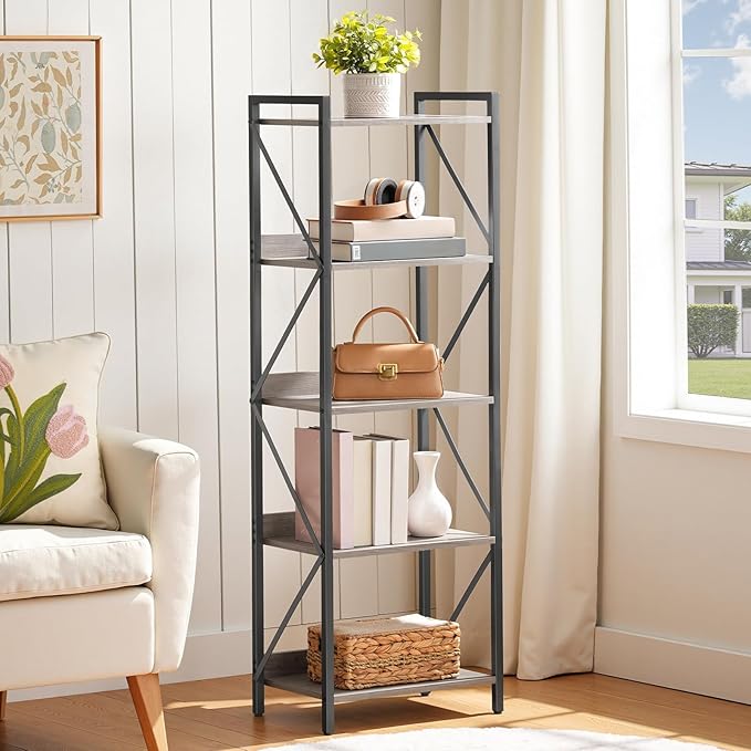 HOOBRO Bookshelf, 5-Tier Industrial Bookcase, Book Shelf Storage Organizer