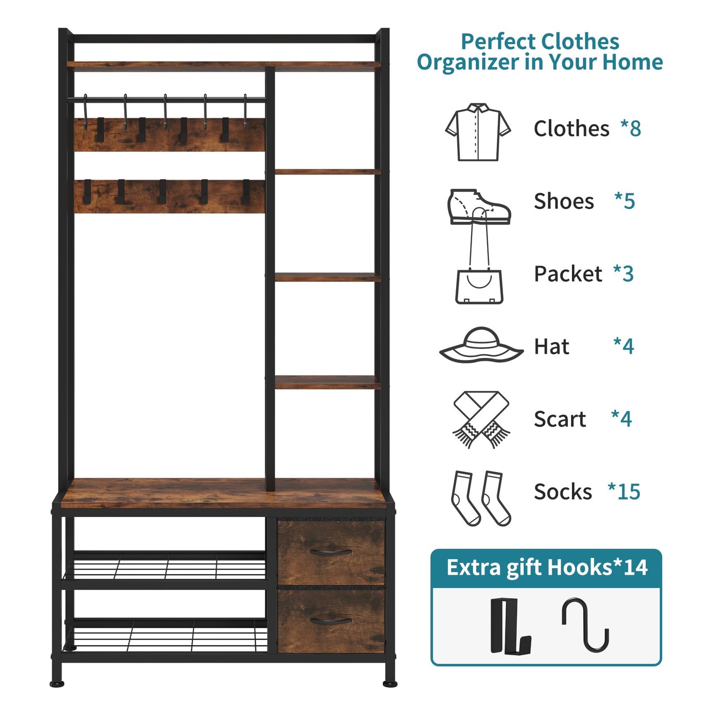 LUMTOK Hall Tree with Bench Storage and Shoes Storage, Hall Tree with Drawers and Shelves for Bedroom, 6-in-1 Entryway Organizer with Shelves, Living Room, Entryway, Closets (Rustic Brown)