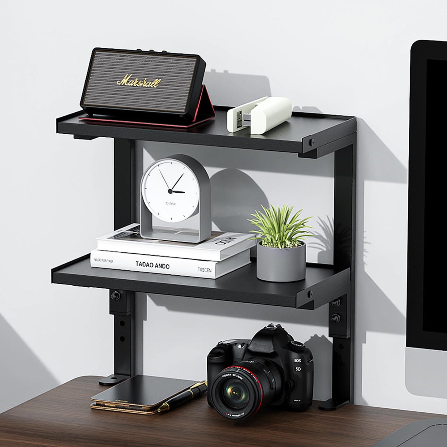 OUTIOE 2-Tier Desk Shelf, Expandable Under Desk Storage, Clamp on Desk Shelf, Desktop Accessories for Offices, Study Rooms, and Game Rooms (Black)