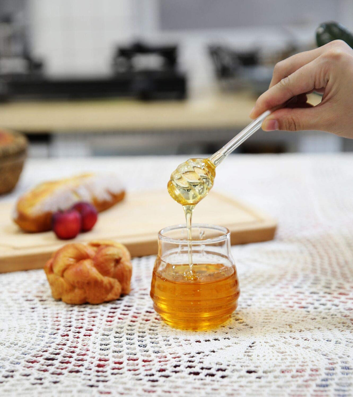 Mkouo Honey Jar with Honey Spoon for Serving Honey and Syrup, 9 Ounce/255 ml