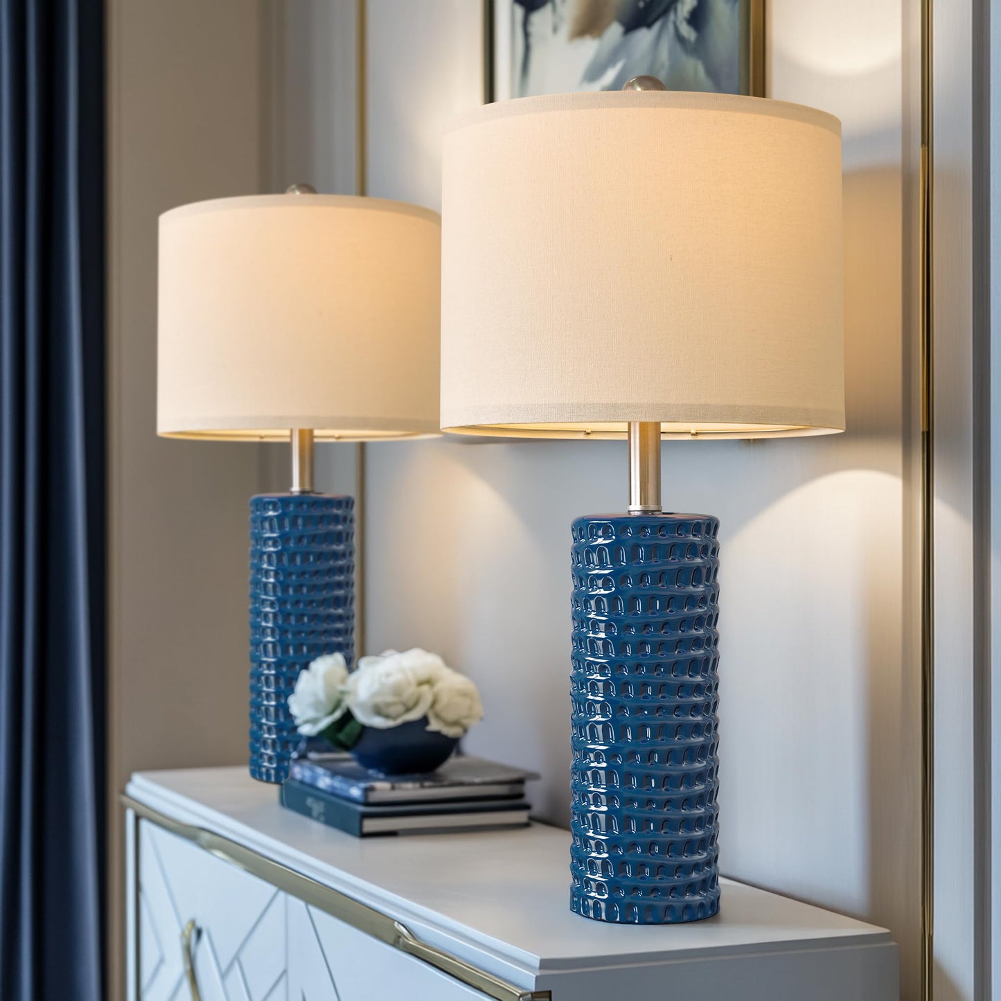 PORTRES 24.75" Modern Accent Ceramic Table Lamp Set of 2 for Bedroom Desk Decor Bedside Lamps for Living Room Study Room Office Dorm Farmhouse Nightstand Lamp End Table Lamps (Blue)