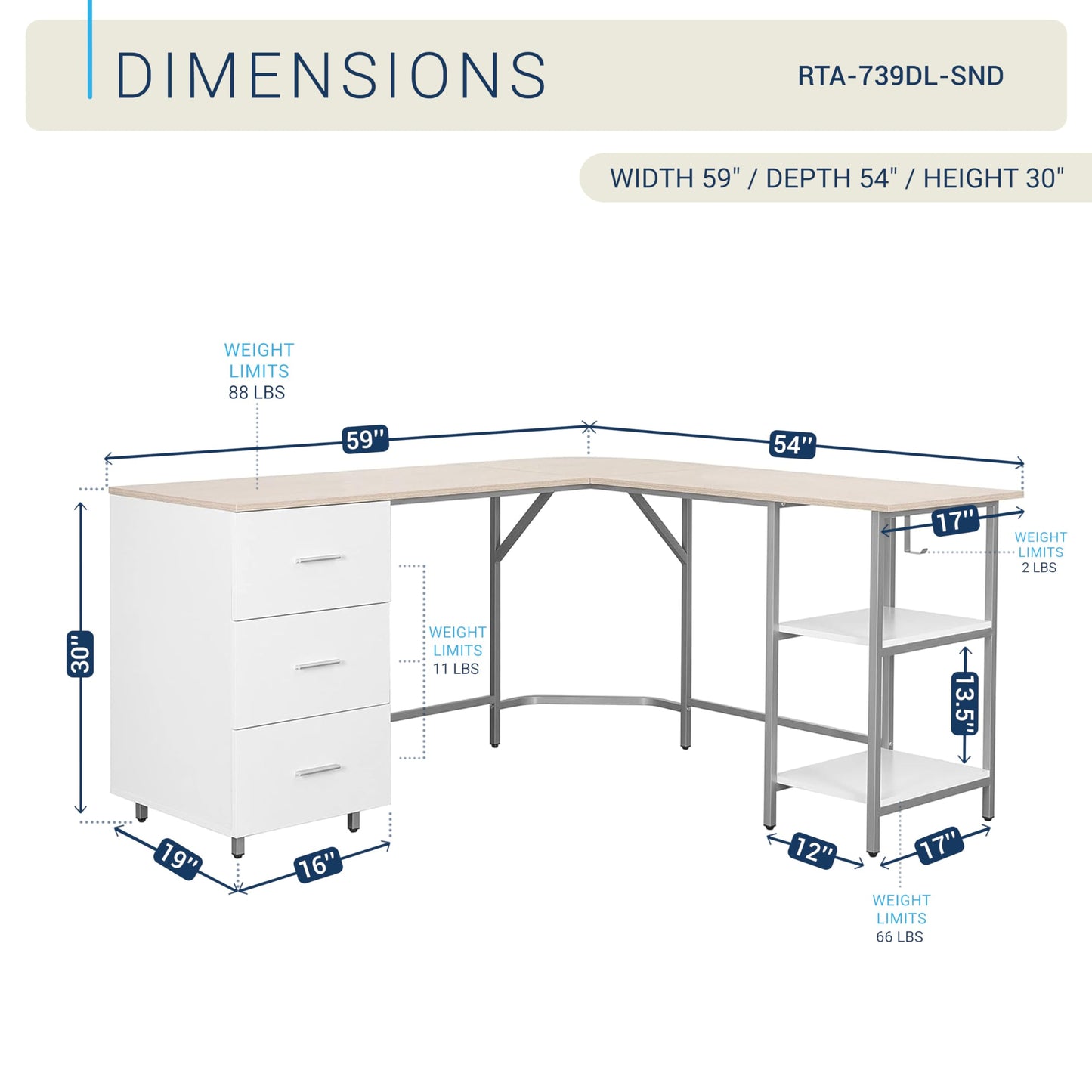 Techni Mobili L Shaped Desk - Two-Toned Computer Desk with Drawers & Storage Shelves - Simple Modern Furniture & Home Office Space Corner Table for Work & Writing