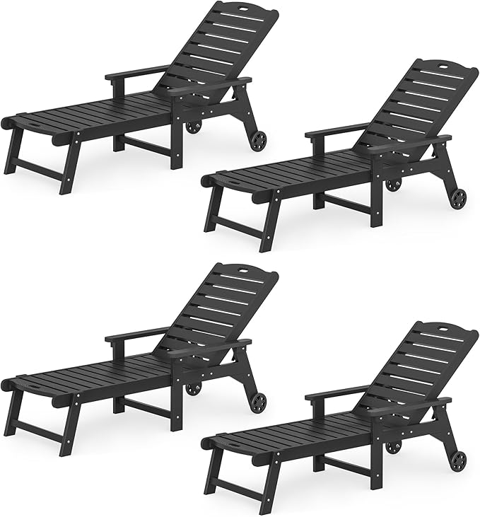 LUE BONA Lounge Chair Outdoor Set of 4, HDPS Chaise Lounge Outdoor