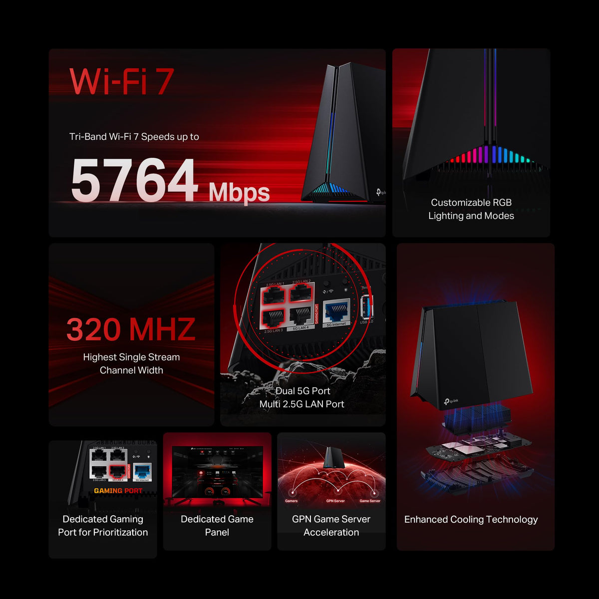 TP-Link Tri-Band BE11000 Wi-Fi 7 Gaming Router Archer GE650 | 6-Stream 11 Gbps supports 320MHz | 2×5G + 3×2.5G Ports USB 3.0 | Game Acceleration, Dedicated Gaming Port & Panel, RGB Lighting|HomeShield
