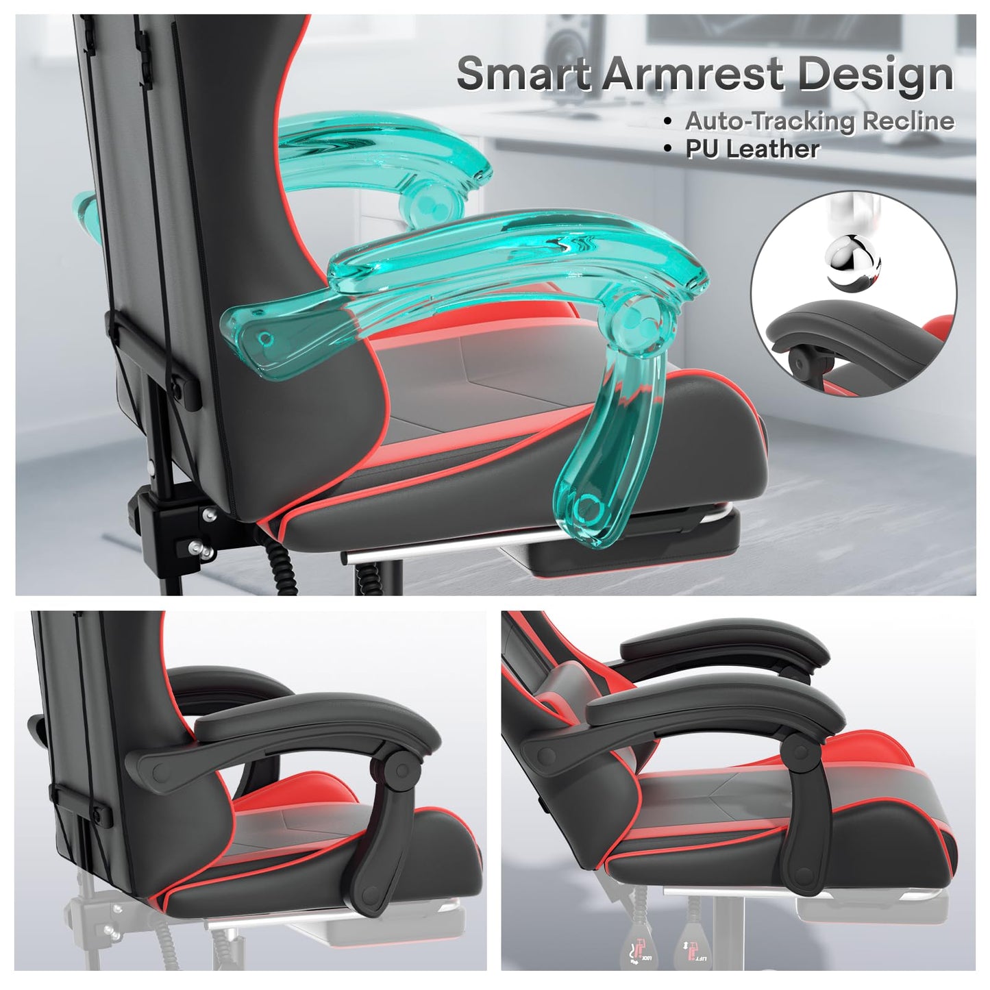 Athena Collection Ergonomic Gaming Chair with Footrest & Headrest Lumbar Support, Height Adjustable Swivel Office Chair Reclining Game Chair Leather High Back Computer Chair for Adults, Red