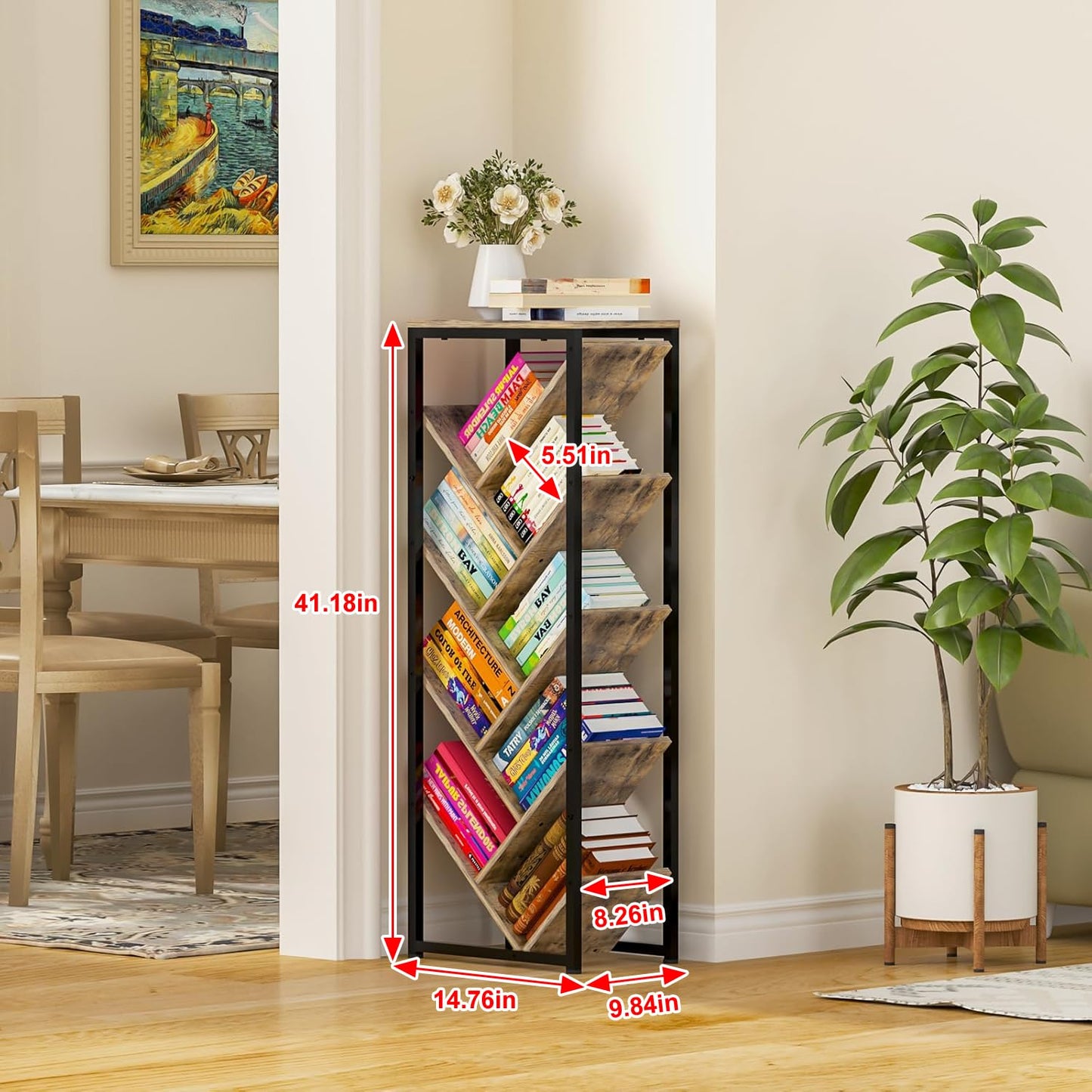Cutogxon Tree Bookshelf - 9 Tier Floor Standing Tree Bookshelf for Hardcover Books, Small Bookshelf for Small Spaces Bookshelves Wooden Book Storage Organizer Shelves for Bedroom Living Room