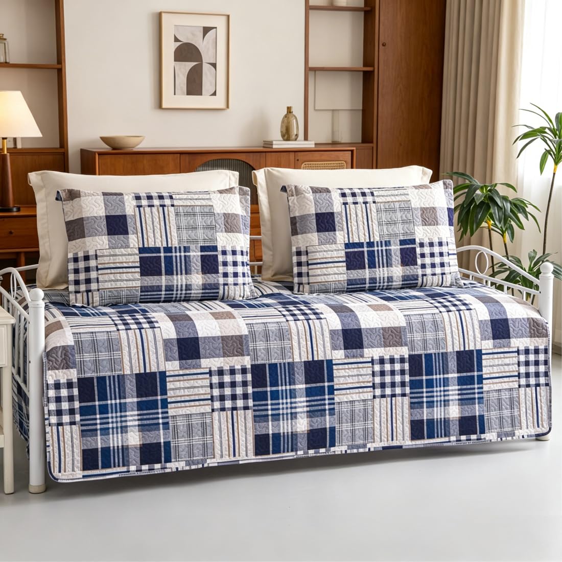 Jarson 3 Pcs Plaid Daybed Cover Set Twin Size Navy White Brown Sofa Cover Double Side Bed Set Classic Patchwork Bedding Sets Daybed Quilt Set with Pillow Shams