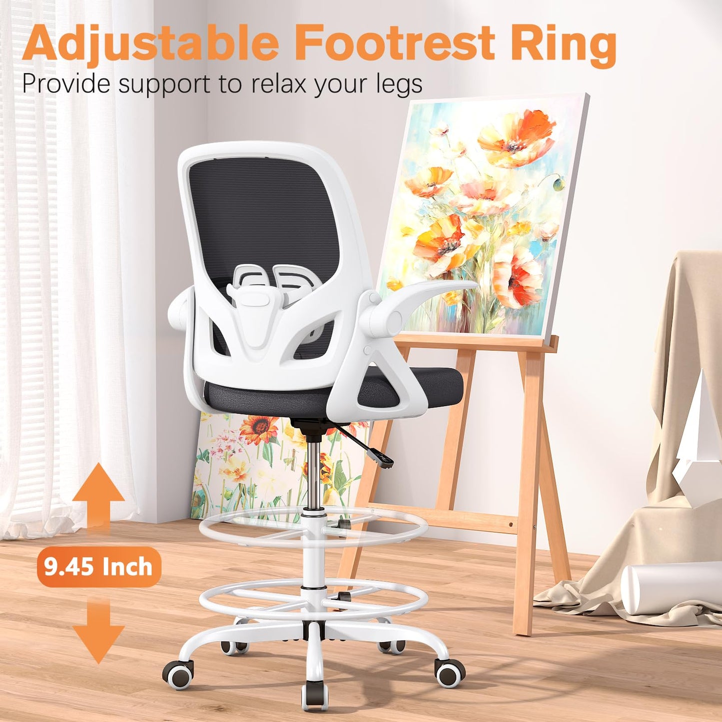 ORRSAKER Drafting Chair, Tall Office Chair with Flip-up Arms, Mesh Ergonomic Computer Standing Desk Chair with Adjustable Height Foot Ring and Lumbar Support, 300 LBS Capacity, White