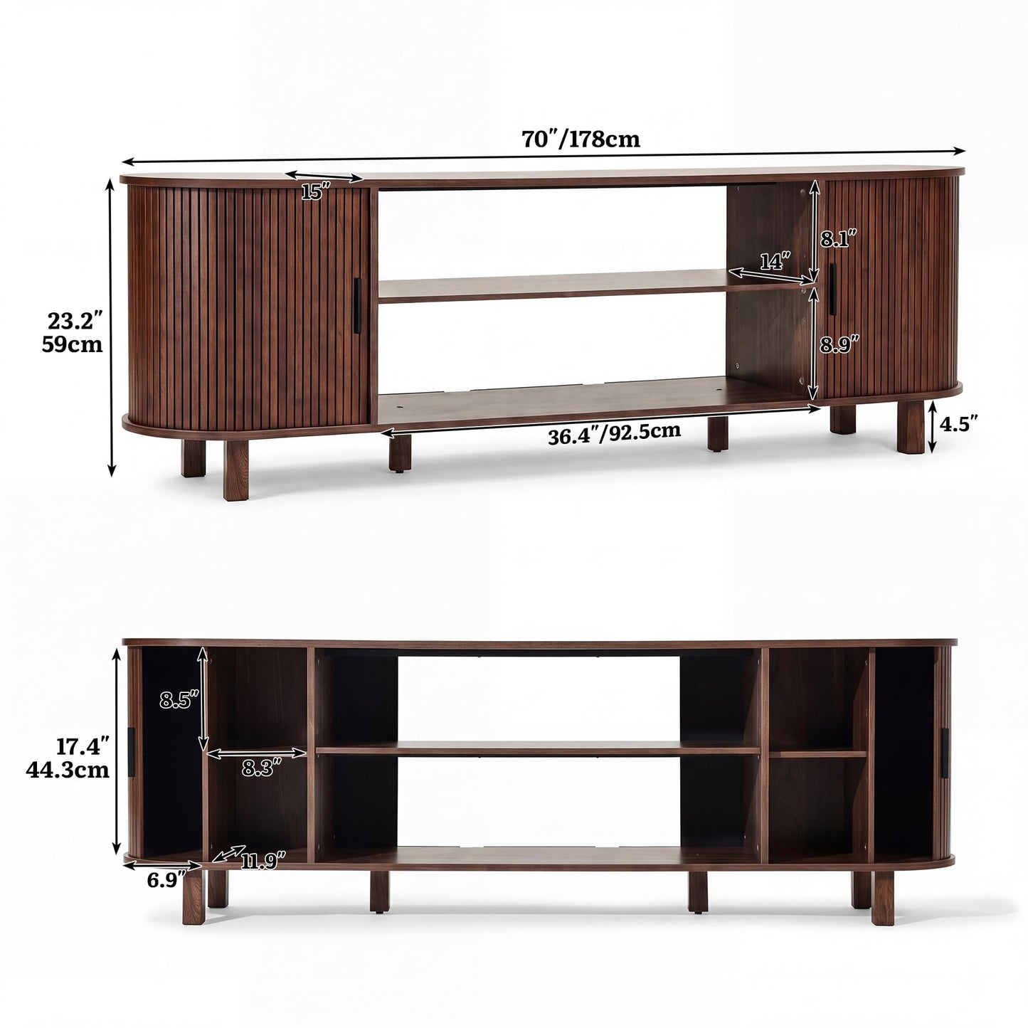 YITAHOME Mid Century Modern TV Stand, 70 inch Entertainment Center with Storage and Fluted Sliding Doors, Adjustable Shelves Media Console for 75 Inch TV, TV Stands for Living Room, Walnut