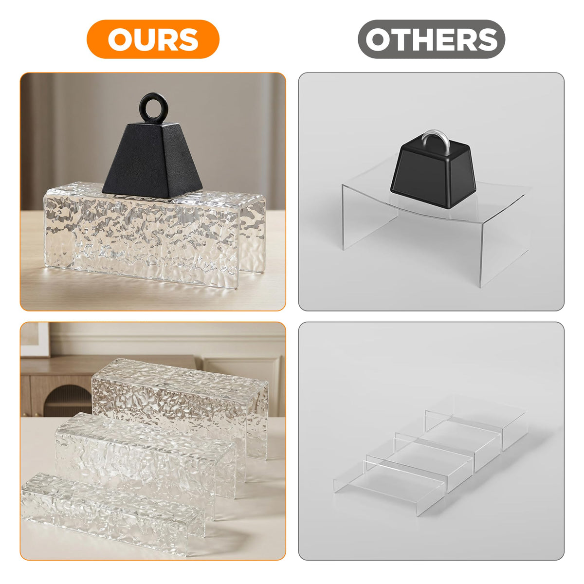 RICIPUSO 3 Pcs Clear Acrylic Display Stand with Crystal Texture, 4.5mm Thick Premium Acrylic Riser Set for Jewelry, Desserts, Handbags & Collectibles, Multi-Size Display Holder for Party & Home Decor