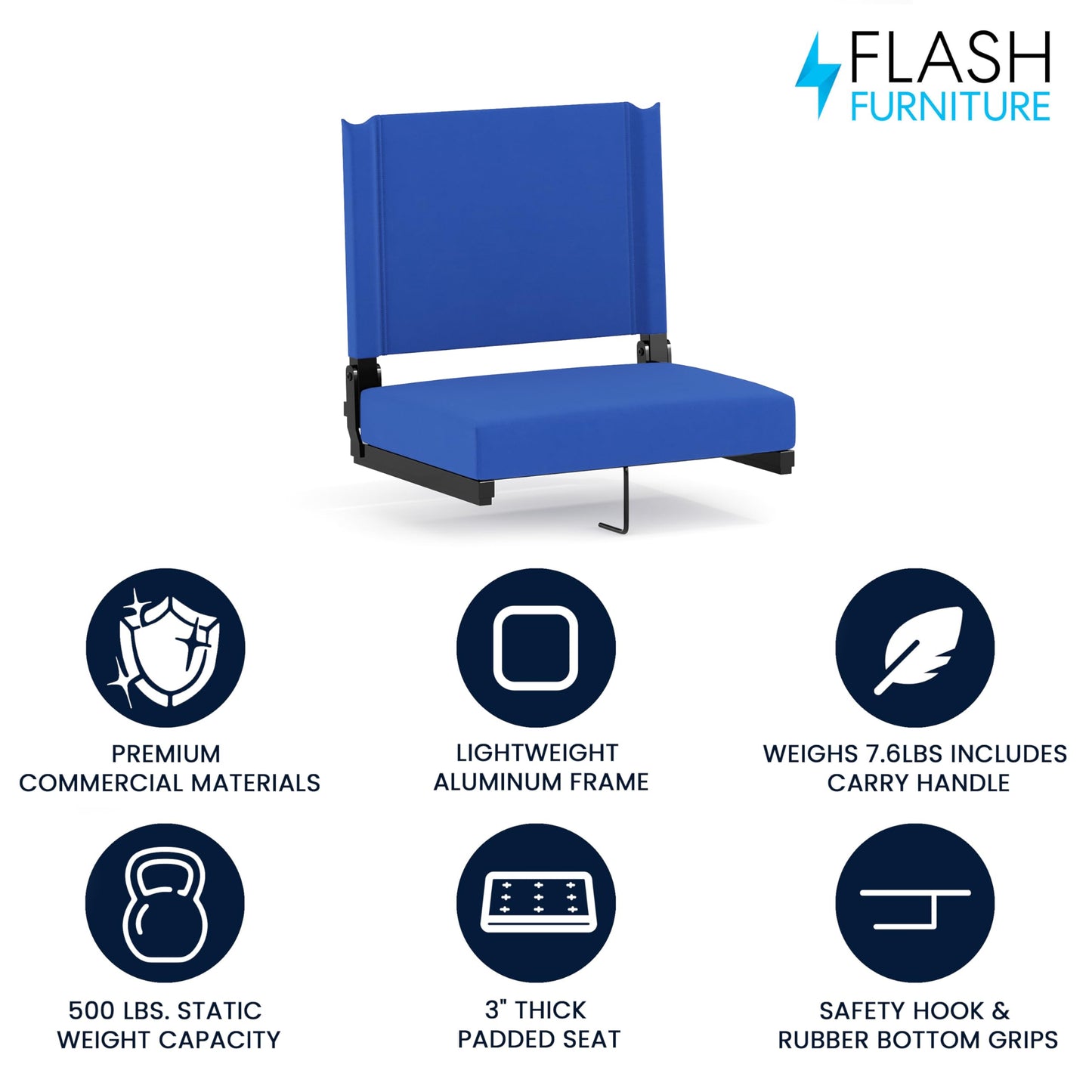 Flash Furniture Grandstand Portable Stadium Seat for Bleachers or Benches, Folding Padded Stadium Chair with Carrying Handle, 500 lb. Weight Capacity, Blue