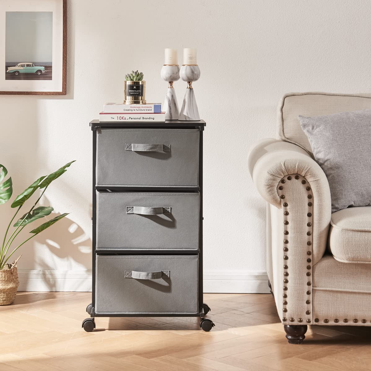 MAX Houser Dresser Tower with 3 Drawers for Bedroom, Fabric Storage Organizer Unit, Chest of Drawers with with WoodTop, Small Vertical Storage for Guest Room, Closet, Entryway(Grey)