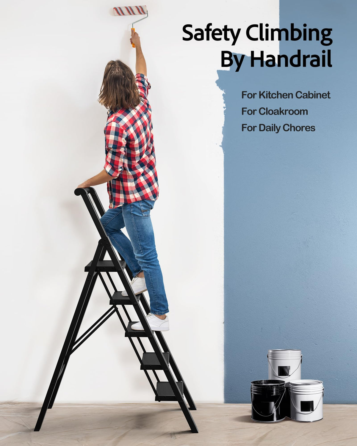 BEFITMACE 5 Step Ladder, Lightweight Folding Step Stool withConvenient Handgrip,Aluminum 330lbs Capacity Step Ladderfor Office,Household,Kitchen(Black)