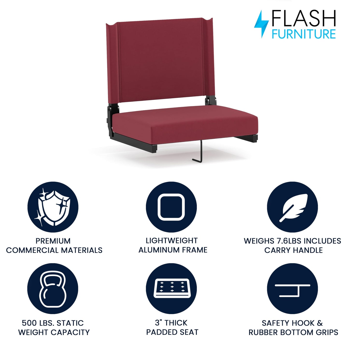 Flash Furniture Grandstand Portable Stadium Seat for Bleachers or Benches, Folding Padded Stadium Chair with Carrying Handle, 500 lb. Weight Capacity, Maroon
